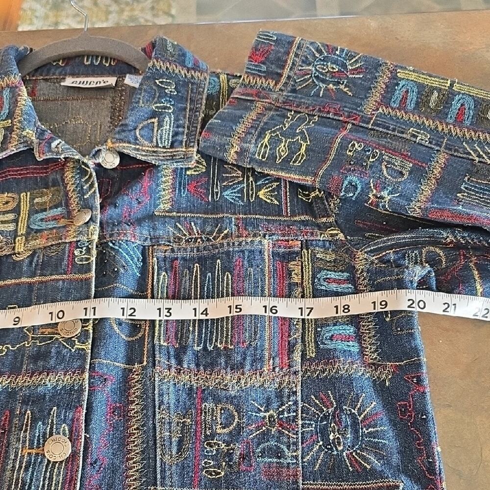 Chico's Blue and Red Patterned Jean Jacket Size 2 (Fits Like A Large) - Picture 4 of 6